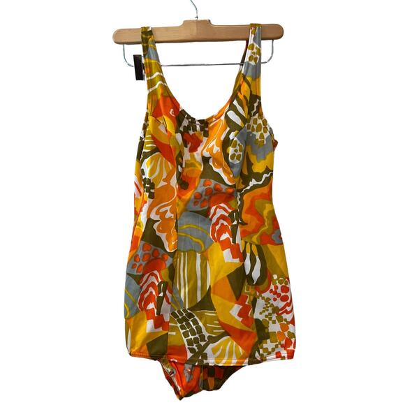 Vintage 60s Dolfin Mod Modest Pinup One Piece Bathing Suit Orange Avocado Green - Picture 1 of 6